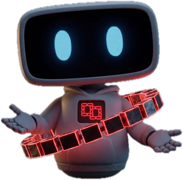 BamBam, a hovering grey robot in a hoodie with a glowing scarlet ring, hands open.